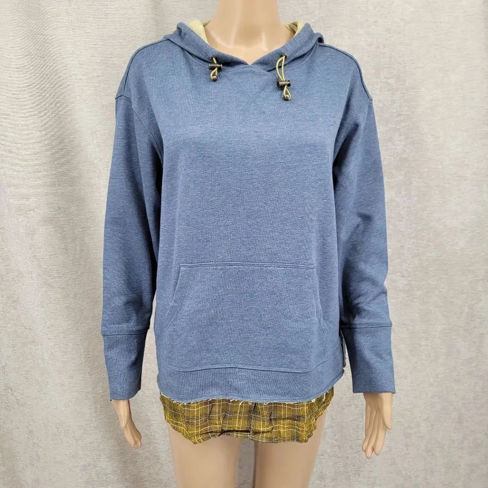 TRU LUXE DENIM Blue Hoodie Sweatshirt with Green Plaid Shirt Tail Hem NEW
